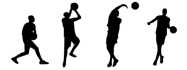set of silhouettes of basketball players with different poses, gestures. isolated on white background. vector illustration.