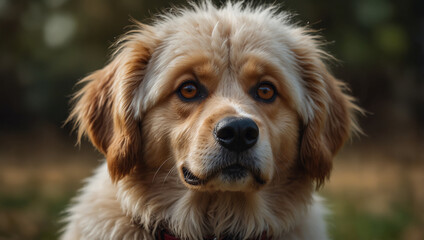 The image shows a brown and white dog with brown eyes, looking directly at the camera. The dog is wearing a red collar.