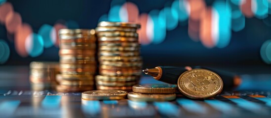 Stacked Coins and Bitcoin with Pen on Financial Chart Background Representing Cryptocurrency Investment and Market Analysis