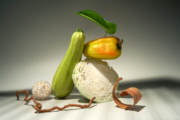 Green Zucchini, Yellow Pepper and White Cabbage Still Life. 