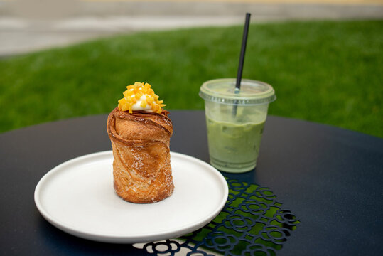Pastry and matcha latte 