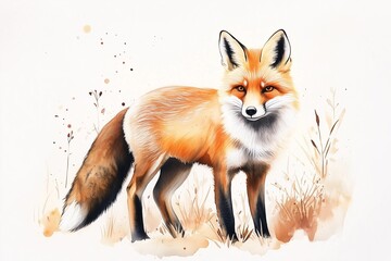 Obraz premium Delicate Watercolor Illustration of a Curious Fox in Warm Orange and Brown Tones