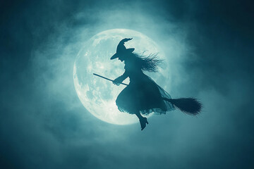 A person in a witch costume flying on a broomstick against a full moon backdrop.