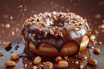 donut with chocolate glaze and nuts dripping in liquid chocolate