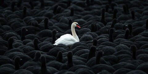 Fototapeta premium One White Swan Among Black Swans: A single white swan stands out amidst a sea of black swans, symbolizing uniqueness, individuality, and the power of standing out from the crowd.