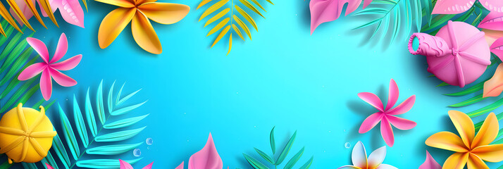 "Hello Summer" concept design with abstract illustrations on a blue background of exotic forest leaves, colorful designs, as well as summer backgrounds and banners.
