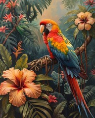 Obraz premium Vibrant parrot perched among lush tropical foliage and colorful flowers in a stunning jungle setting.
