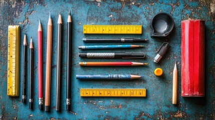 Assorted Writing Instruments and Rulers Arranged on Rustic Blue Surface