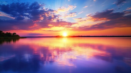 Fototapeta premium Sunset Over a Serene Lake with Vibrant Colors and Silhouetted Trees