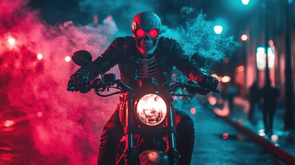 Skeleton Rider on Motorcycle in Foggy Night with Neon Red Eyes and Smoke