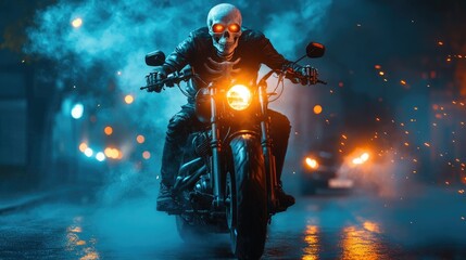 Skeleton Rider on Motorcycle in Dark Street with Fog and Sparks