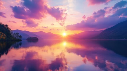 Fototapeta premium Pink Sunset Over Mountains Reflected in Still Lake Water