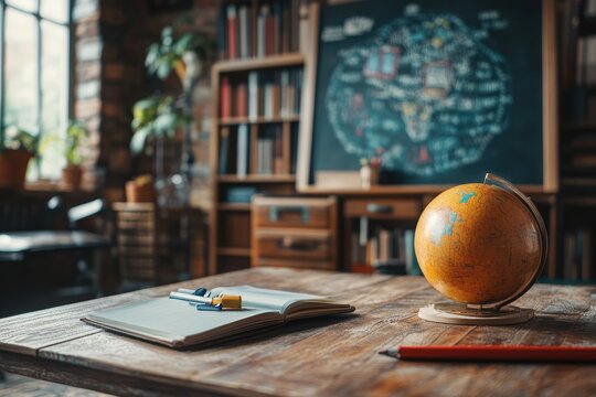Cozy Classroom with Globe, Open Notebook, and Blackboard in Natural Light