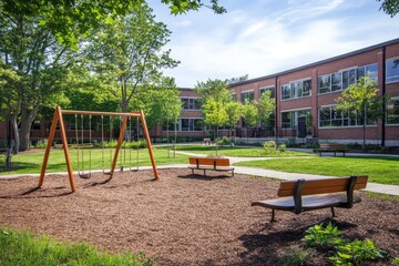 Fototapeta premium Empty School Playground with Swings and Benches on a Sunny Day in Spring with Green Trees