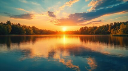 Sunset Reflection on Calm Lake with Trees