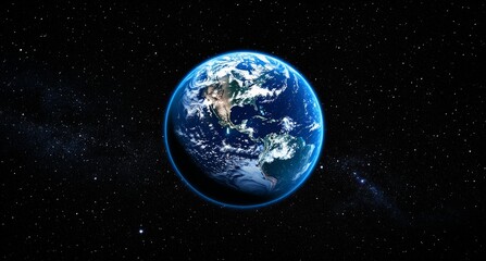 Naklejka premium A blue Earth is floating in the black space, the whole earth glows with light and shadow, the stars around it shining brightly