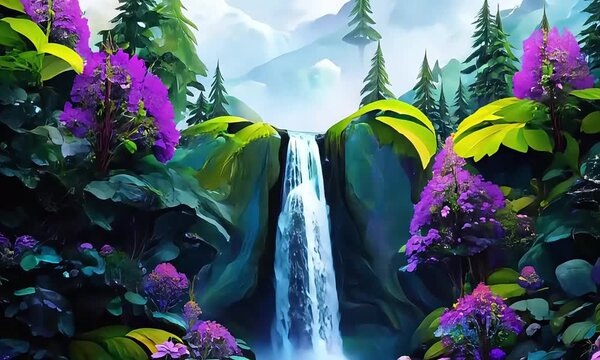 Enchanting fantasy waterfall cascading through a colorful forest of vibrant plants, creating a magical and whimsical sce Seamless looping 4k time-lapse virtual video animation background.