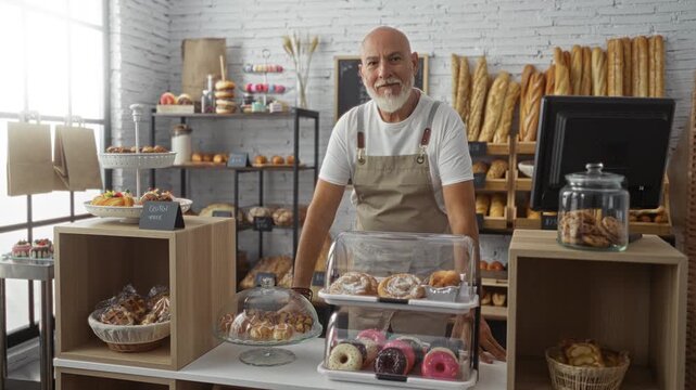 Middle-aged man with beard standing in a bakery shop filled with assorted pastries and bread, leaning on counter inside a cozy, indoor bakery setting with a rustic decor.