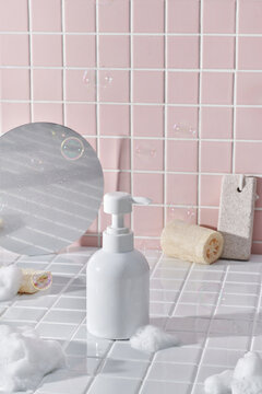 A shampoo bottle in the bathroom