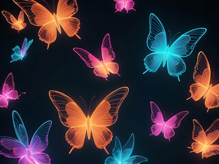 Abstract glowing flock of butterflies fall, abstract neon polygonal geometric butterflly consisting of lines. Wireframe Glowing polygonal geometric