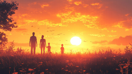 Fototapeta premium lovely detailed render, a family is watching a beautiful sunrise, warm colours, childrens book illustration.generative ai