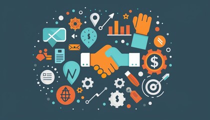 Obraz premium Powerful magnet illustration attracting stock market graph, dollar sign, handshake, briefcase, map marker, and gear icons