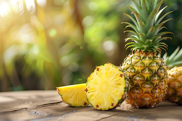 Pineapple fruit with blurry background. One of them being cut. Generative AI