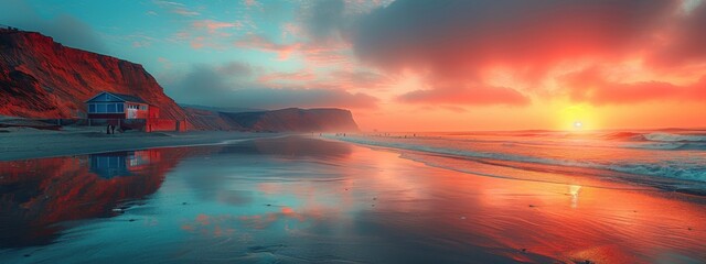 A beautiful beach with surfers in the distance, a large mountain on one side of it, golden hour, orange and pink sky, foggy clouds.