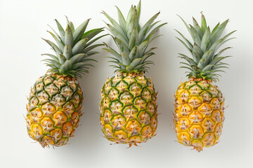 Three pineapples laying down on white background. Generative AI