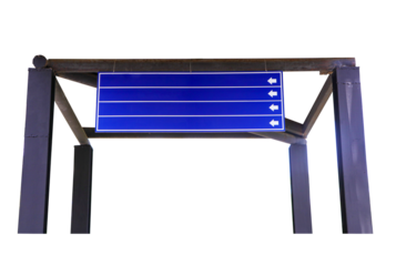 Blue empty road sign structure under steel roof isolated on cut out PNG or transparent background. Directional symbols for text input.