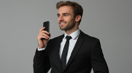 Naklejka premium Successful and pleasant adult employee, businessman, corporate lawyer, he is wearing a classic formal black suit, talking on a mobile phone with generative ai