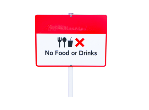 Square white plastic sign No Food or Drinks isolated on cut out PNG or transparent background. Bringing food and beverage is forbidden from outside in area sign. Symbols to make people follow rules.
