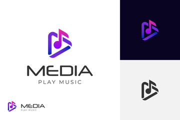 Play buttons logo design for with note music graphic shape for media player vector logo illustration symbol