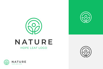 people leaf logo icon design line style with a circle round for a healthy life, body care, nature balance, eco lifestyle concept vector illustration
