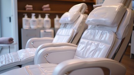 Fototapeta premium Luxurious White Massage Chairs in Modern Spa Setting with Soft Lighting and Relaxing Atmosphere