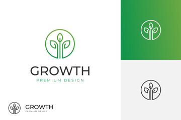 Line growing plant logo icon design. leaf growth logo design for farm, agriculture logo template