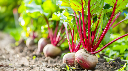 Closeup of young and fresh green beetroot plants growing in an organic vegetable garden on a dirt path  The vibrant foliage and roots showcase the natural