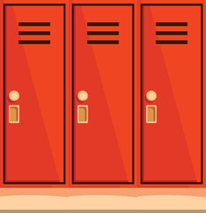 Row of bright orange metal school lockers is waiting for students to come after the break