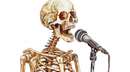Skeleton with a microphone and stage,Clipart, watercolor illustration, Perfect for nursery art The style is hand  drawn, white background