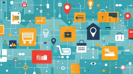 Colorful digital background featuring various icons representing technology, shopping, and connectivity in a modern design.