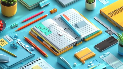 Colorful stationery items arranged creatively on a blue desk, highlighting organization and productivity for work or study.