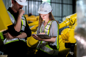 team engineers inspecting on machine with smart tablet. Worker works at heavy machine robot arm. The welding machine with a remote system in an industrial factory. Artificial intelligence concept.
