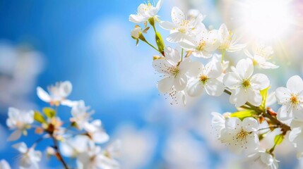 Obraz premium Cherry blossom branch white flowers on sunny blue sky. Springtime flowering beautiful nature landscape which is very beautiful