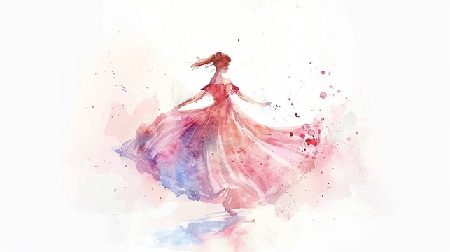 Princess dancing at a royal ball,Clipart, watercolor illustration, Perfect for nursery art The style is hand  drawn, white background