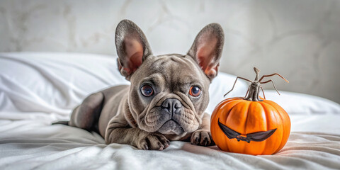 Adorable gray French bulldog with piercing blue eyes plays with toy pumpkin and spiders on a white bed, celebrating Halloween with joyful abandon.