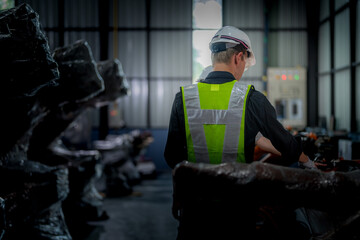 team engineers inspecting on machine with smart tablet. Worker works at heavy machine robot arm. The welding machine with a remote system in an industrial factory. Artificial intelligence concept.