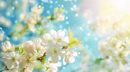 Cherry blossom branch white flowers on sunny blue sky. Springtime flowering beautiful nature landscape which is very beautiful