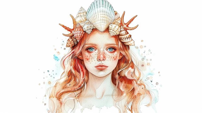 Princess with a seashell crown,Clipart, watercolor illustration, Perfect for nursery art The style is hand  drawn, white background