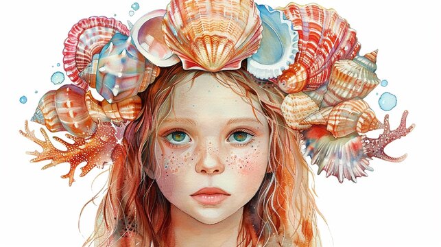 Princess with a seashell crown,Clipart, watercolor illustration, Perfect for nursery art The style is hand  drawn, white background