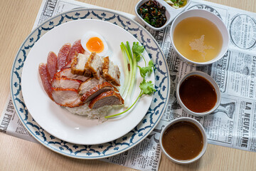 Red pork, crispy pork, roast duck rice